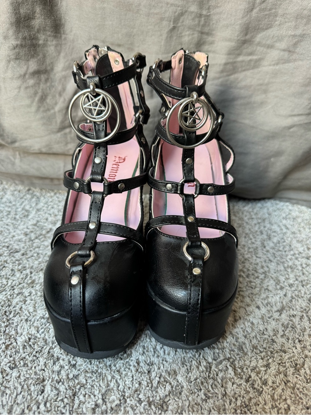 Demonia Black Platform Strappy Heels with Pink Insole & Silver Pentagram Charms
